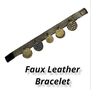 Faux Leather Bracelet Hammered Metal Discs 6"